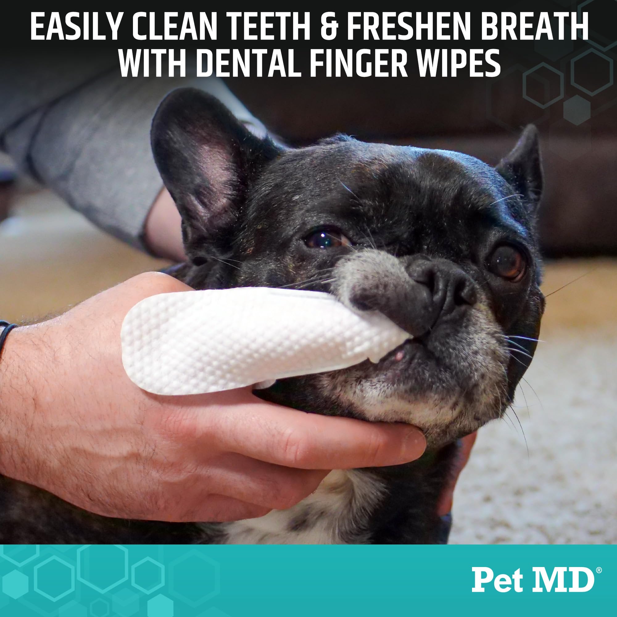 Pet MD dental finger wipes textured surface for quick plaque control.