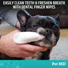 Pet MD dental finger wipes textured surface for quick plaque control.