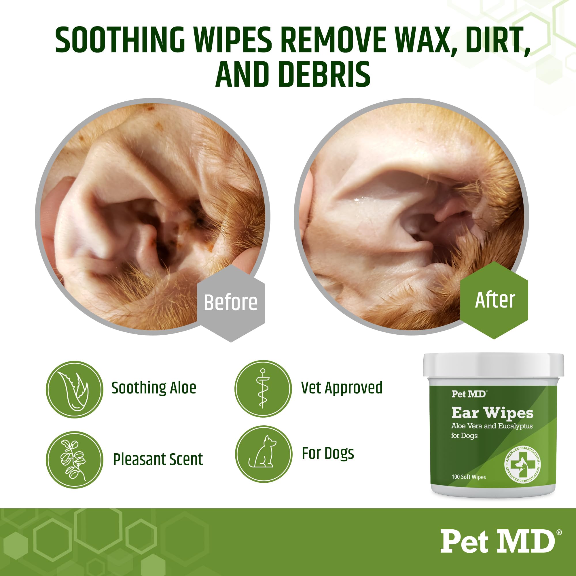 Pet MD dog ear wipes closeup highlights soft texture for debris removal.