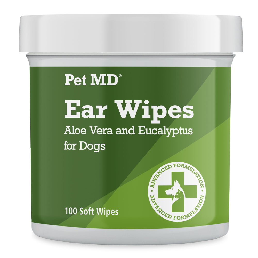 Pet MD dog ear wipes packfront offers gentle cleaning and odor control.
