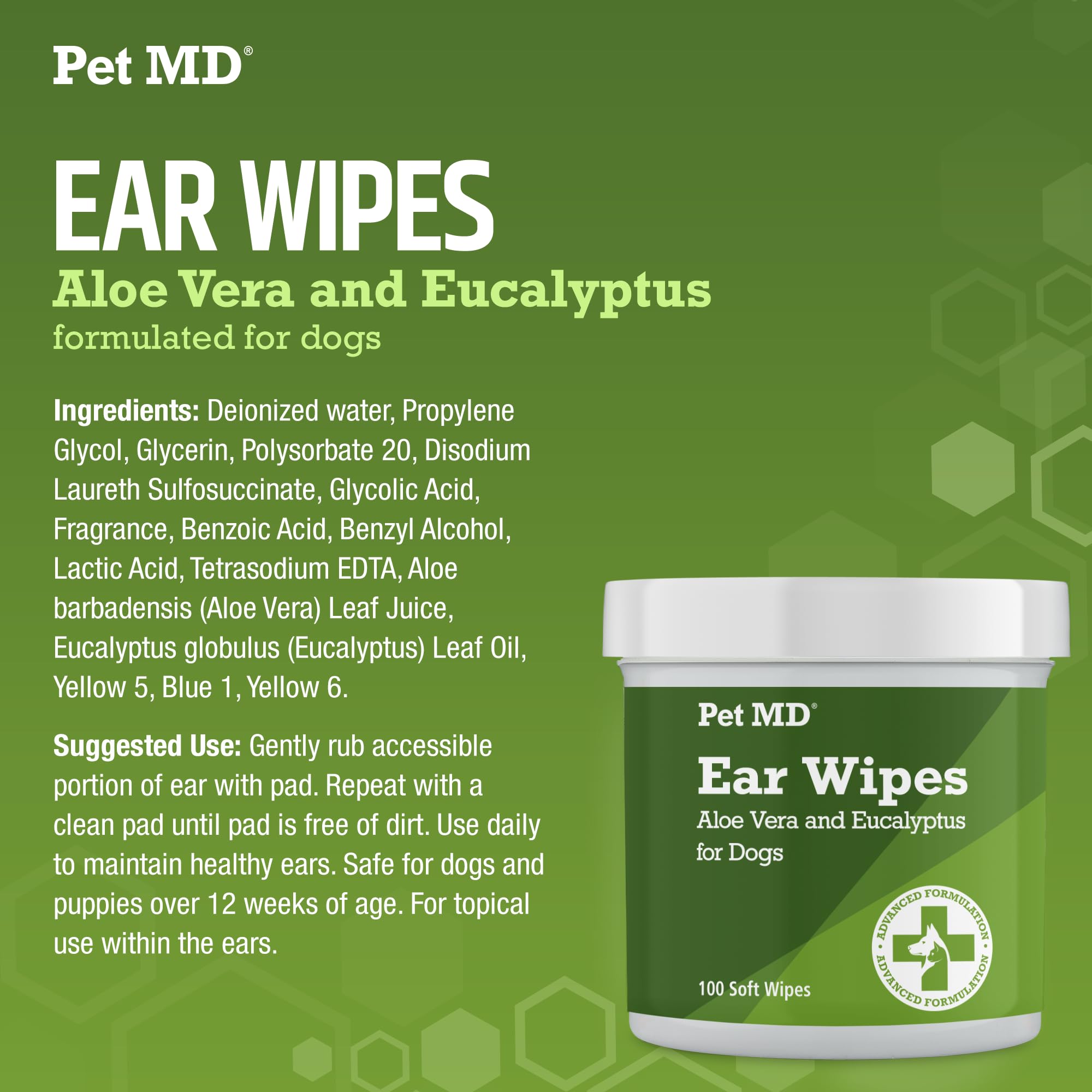 Pet MD dog ear wipes tub open indicates convenient at-home ear care.