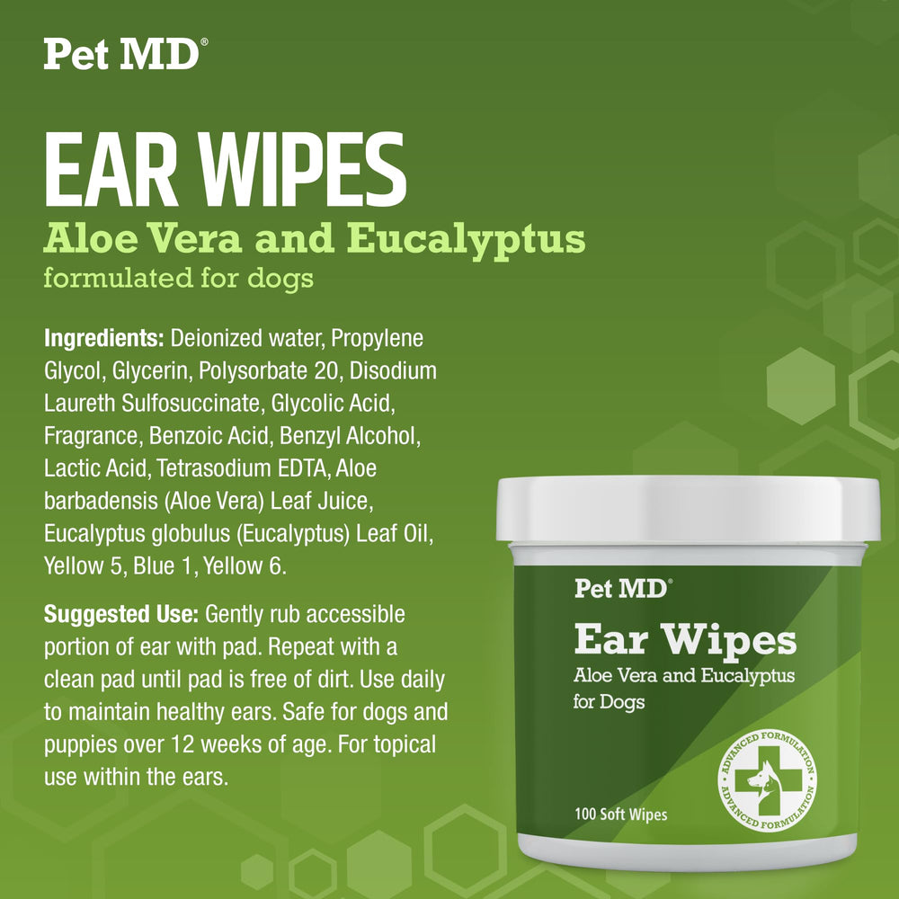 Pet MD dog ear wipes tub open indicates convenient at-home ear care.