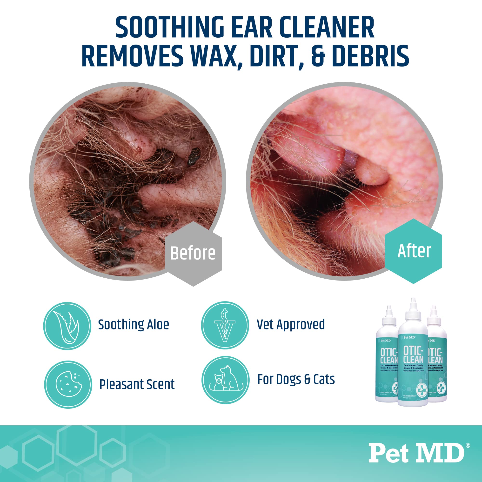 Pet MD ear cleaner liquid close-up highlighting aloe and mild scent.
