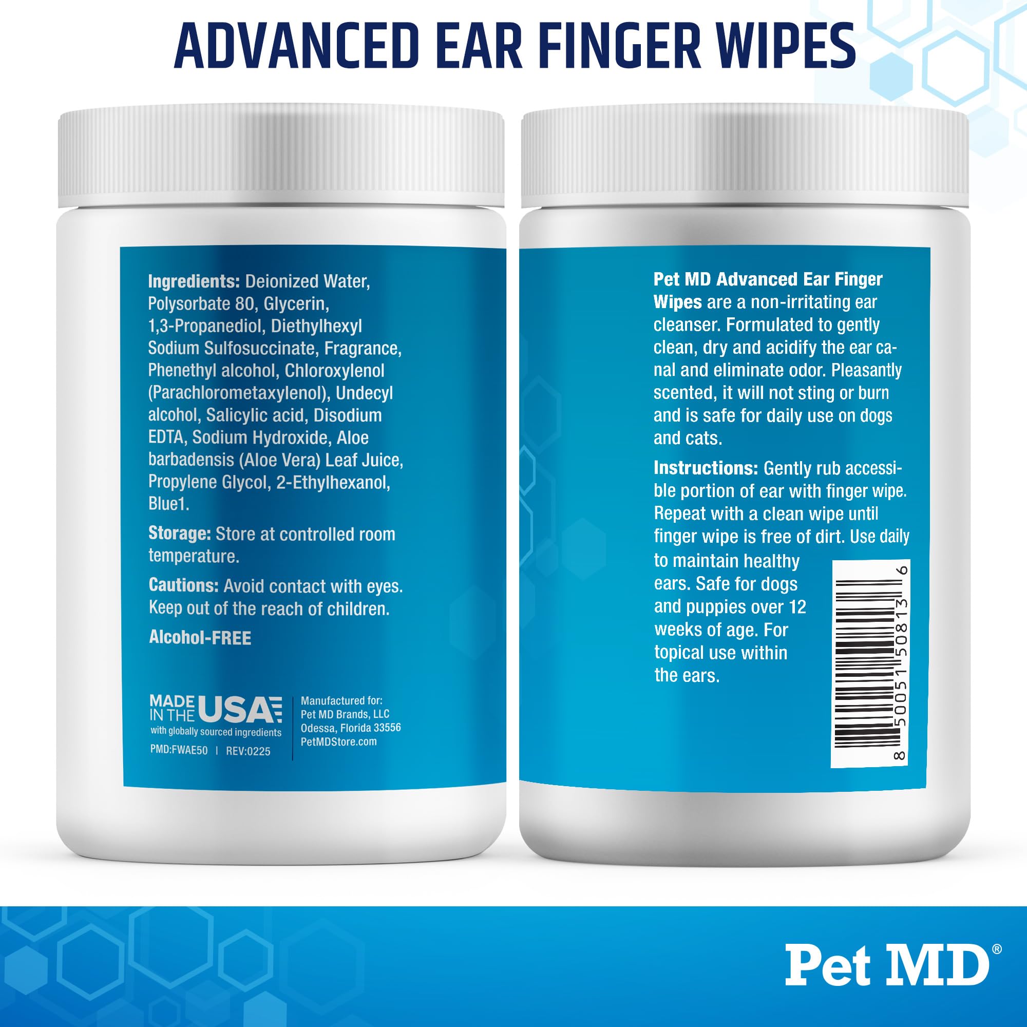 Pet MD Ear Wipes emphasize USA-made quality and reliable ear care.