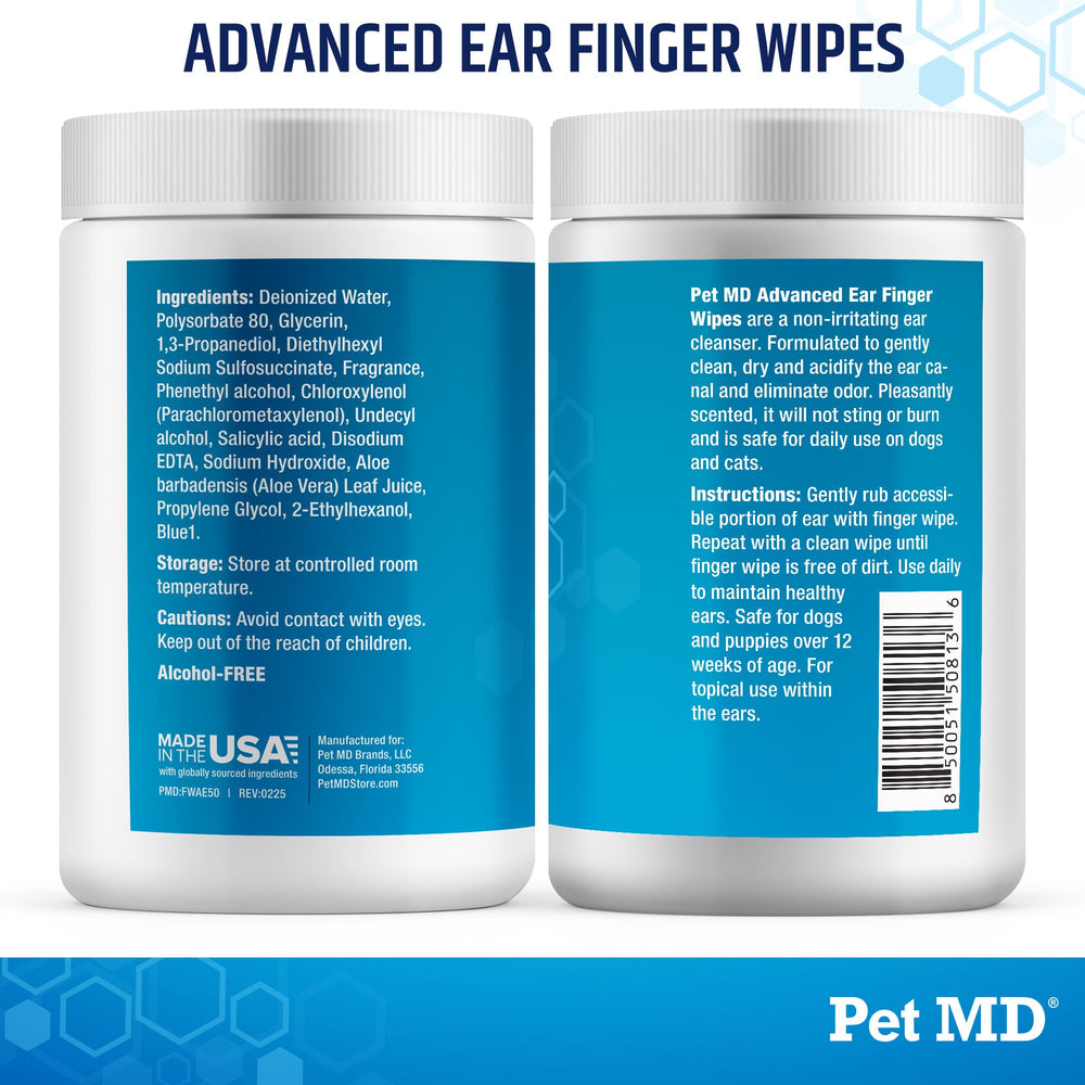 Pet MD Ear Wipes emphasize USA-made quality and reliable ear care.