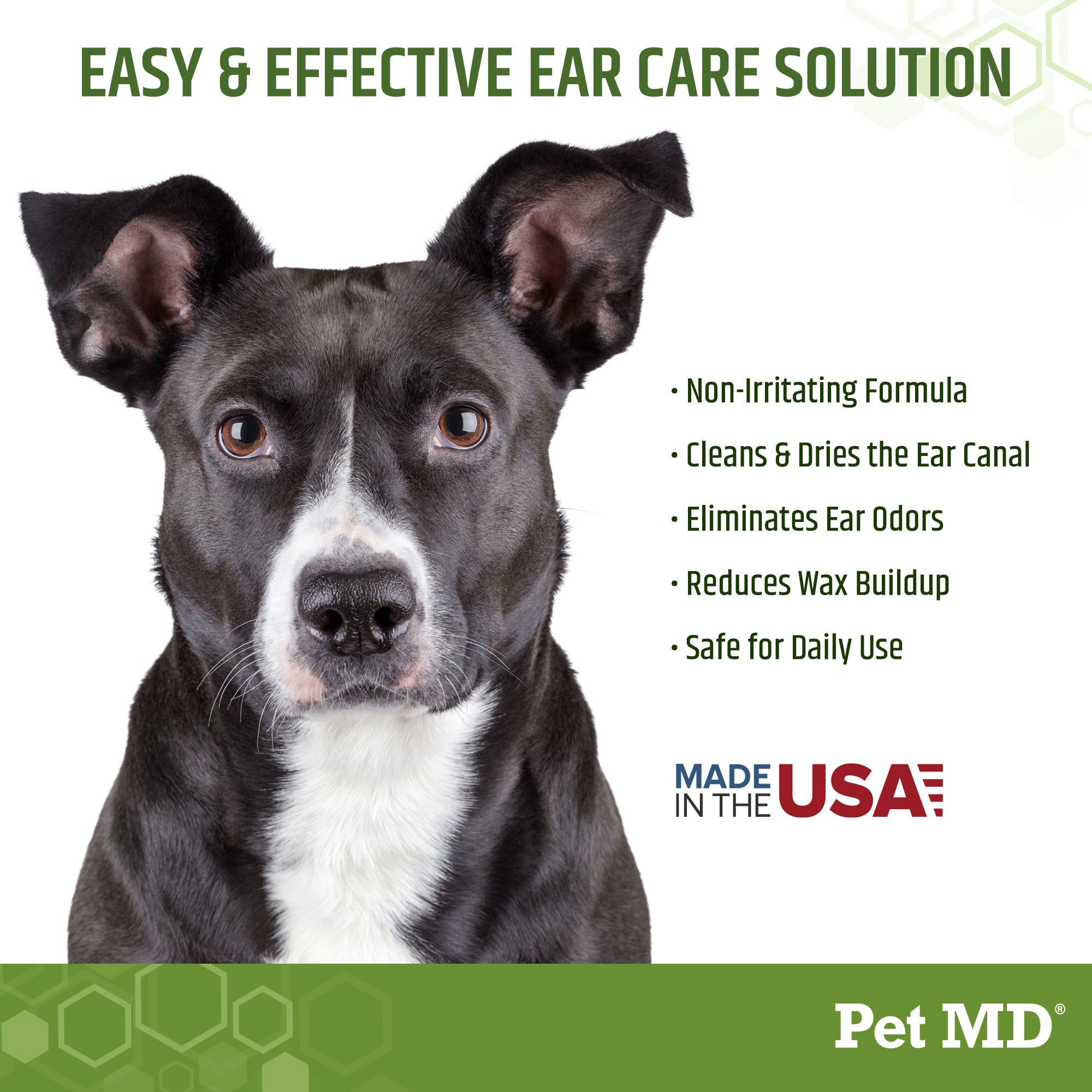 Pet MD dog ear wipes usage scene showing gentle cleaning and debris removal.