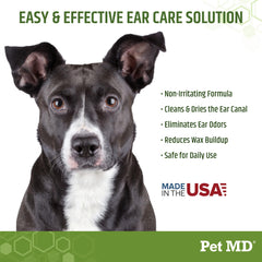 Pet MD dog ear wipes usage scene showing gentle cleaning and debris removal.