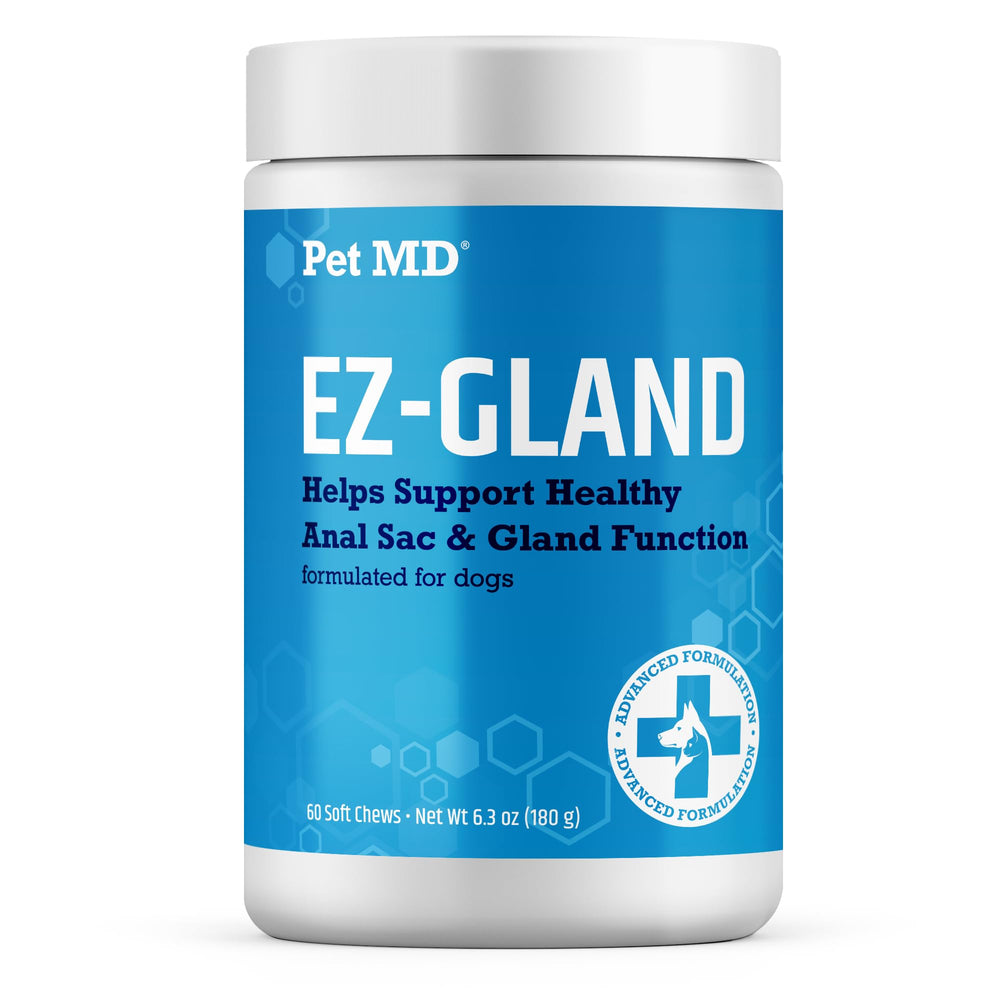 Pet MD EZ-Gland bottle closeup highlights trusted digestion support for dogs.