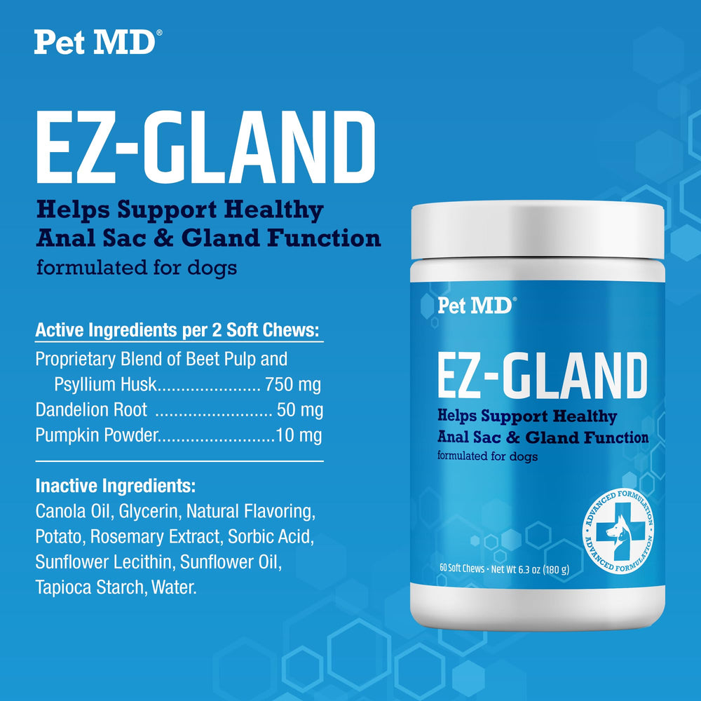 Pet MD EZ-Gland manufactured-USA label emphasizes quality and safety.