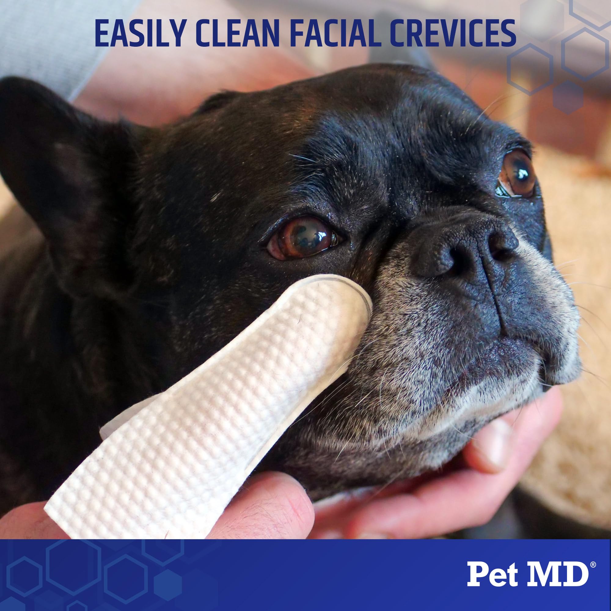 Pet MD Finger Wipes easy fingertip use demonstrated for precise eye and face cleaning.