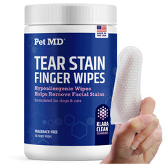Pet MD Finger Wipes tear-stain face closeup illustrates gentle cleaning for dogs and cats.