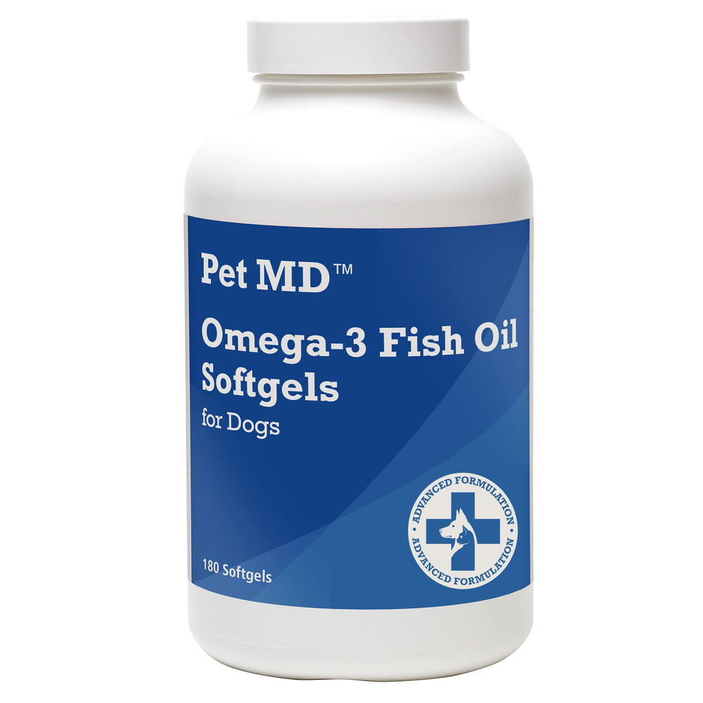 Pet MD Omega 3 dog softgels bottle for easy daily supplementation supporting a healthy coat