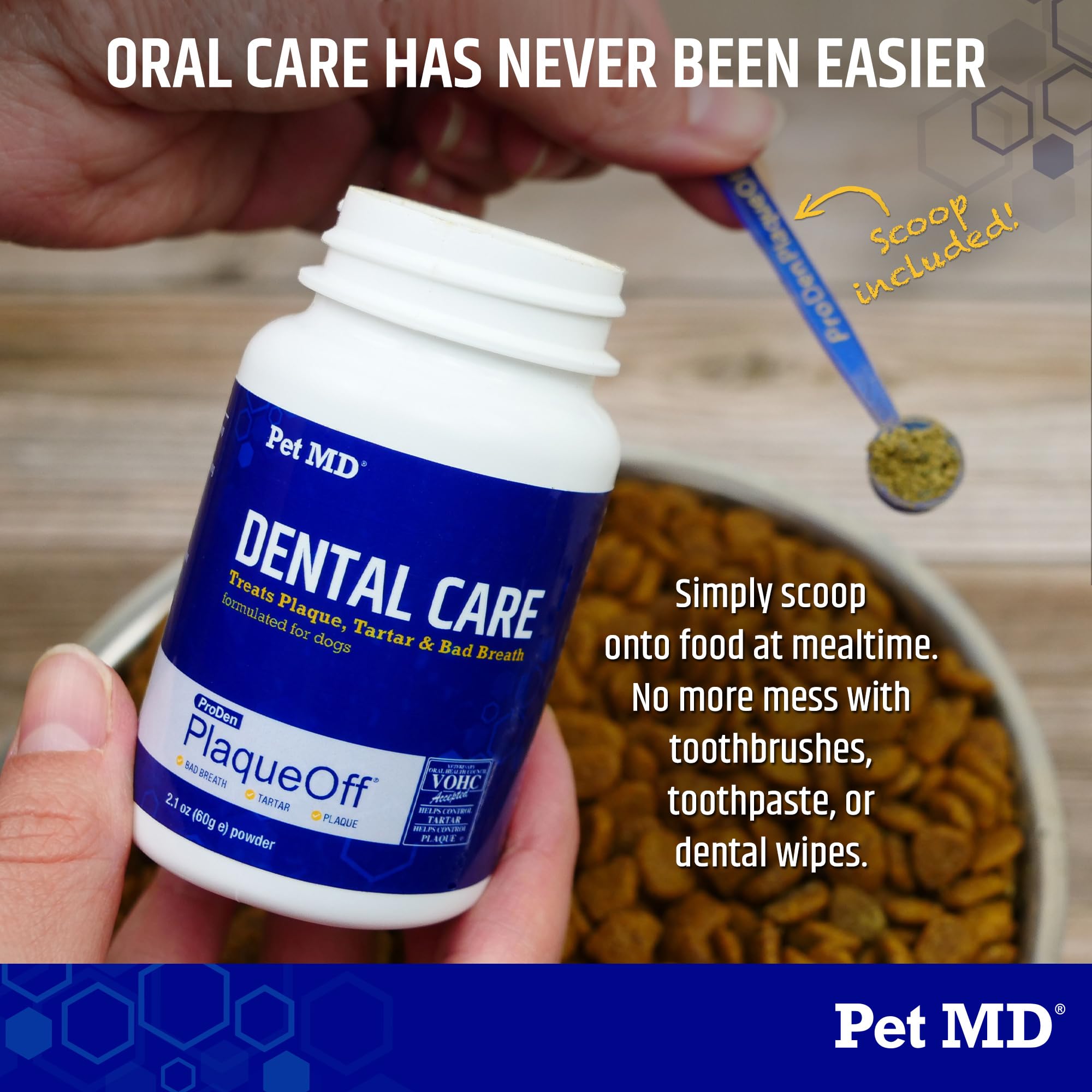 Pet MD Proden PlaqueOff dog tartar removal action demonstrates tartar reduction potential.