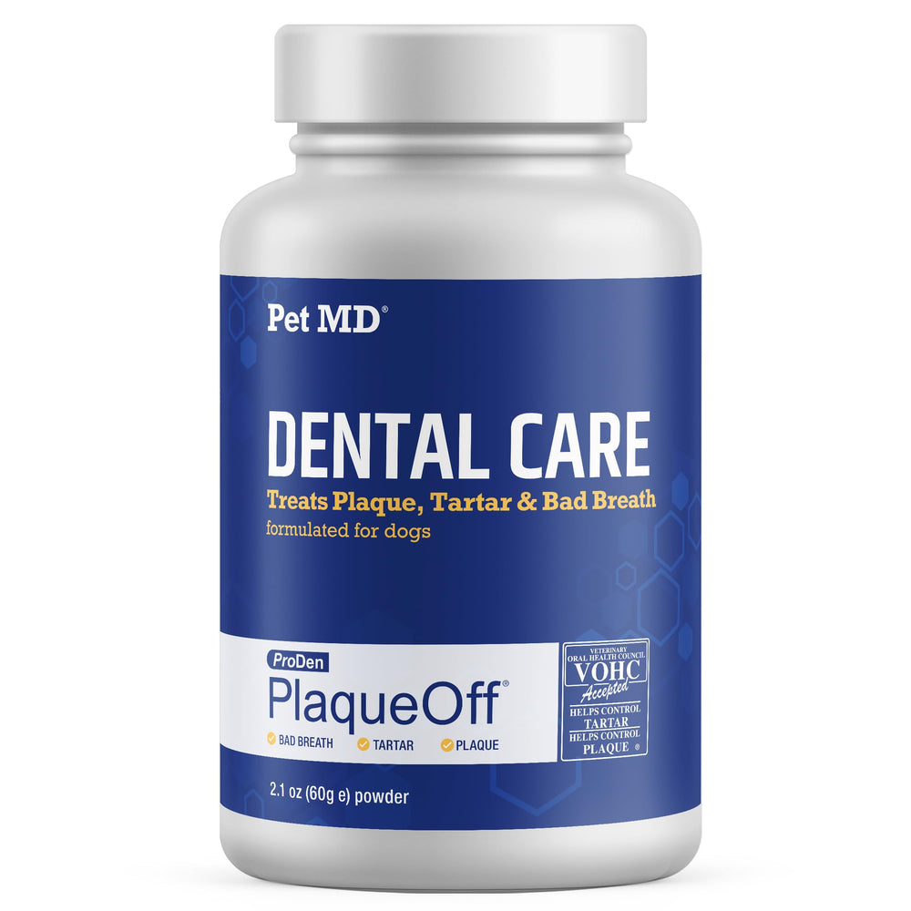 Pet MD Proden PlaqueOff powder packaging shown for canine dental care support.