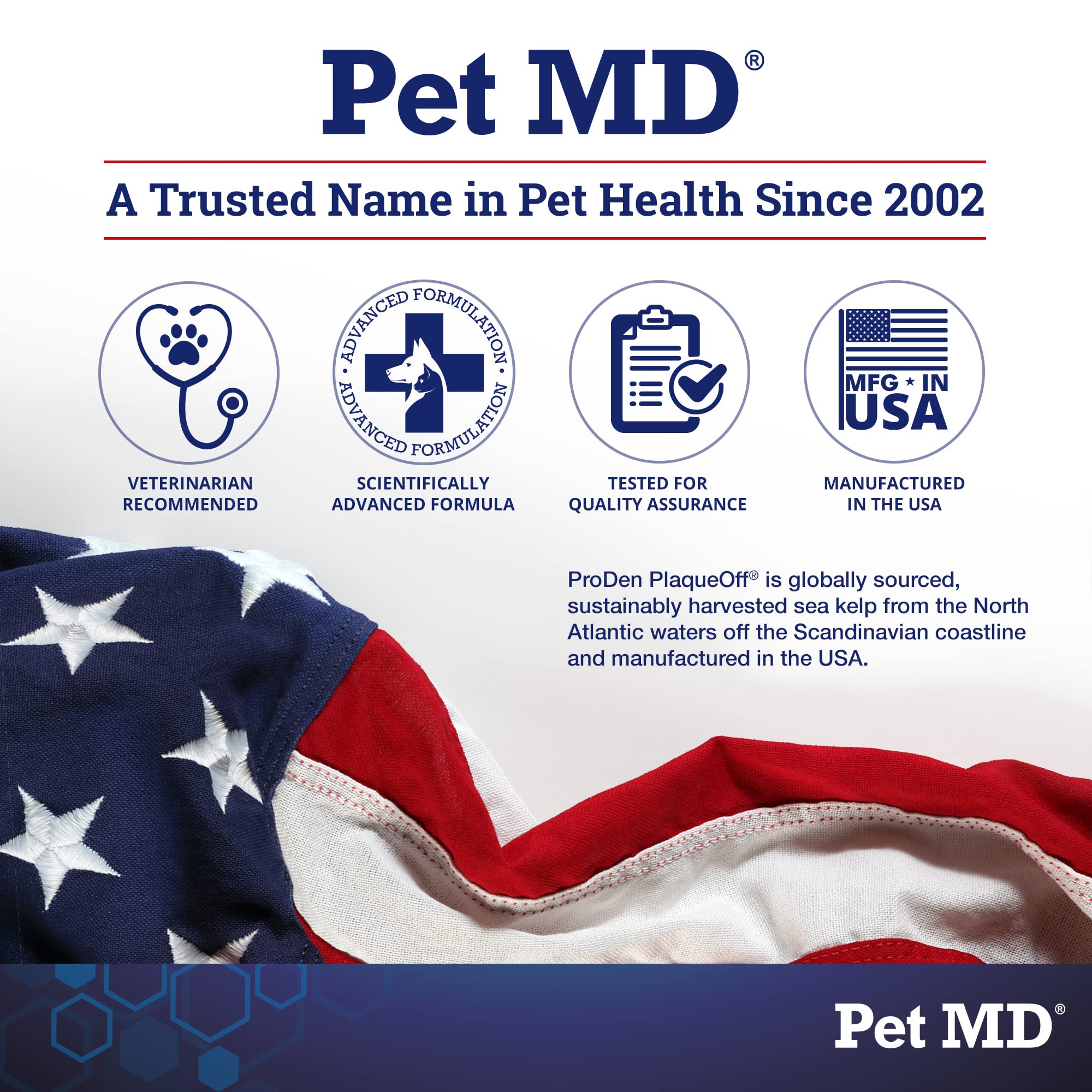 Pet MD Proden PlaqueOff open measured scoop demonstrates simple dosing at mealtime.