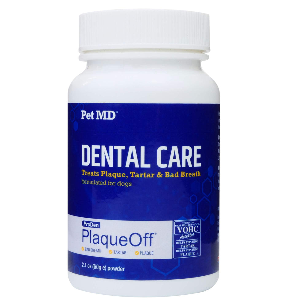 Pet MD Proden PlaqueOff no additives label highlights clean, natural formula.