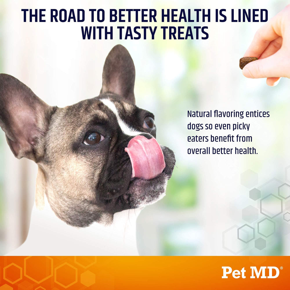 Pet MD Salmon Omega Bites chews promoting a shiny, soft coat after daily use