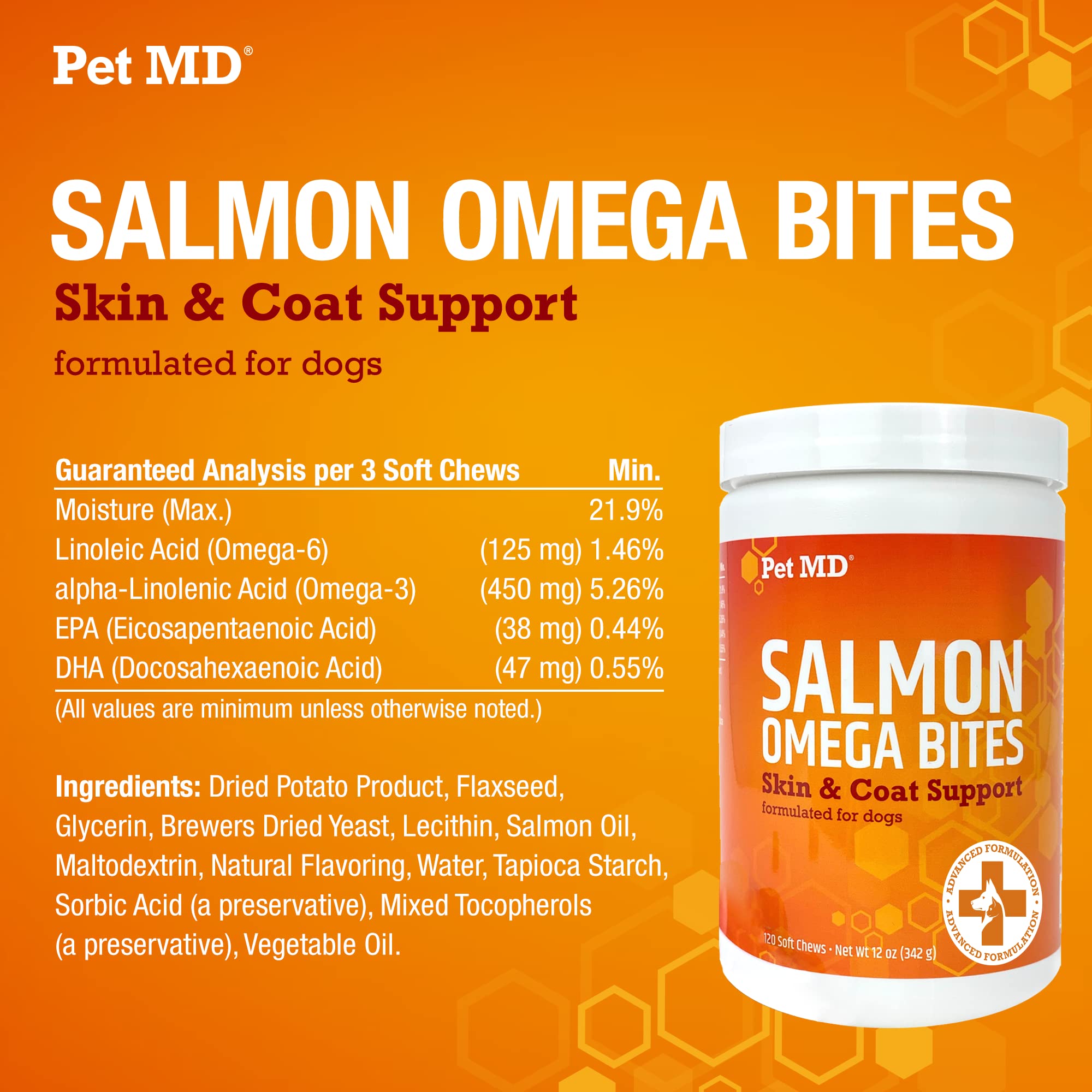 Pet MD Salmon Omega Bites manufactured in USA reflecting quality and safety standards