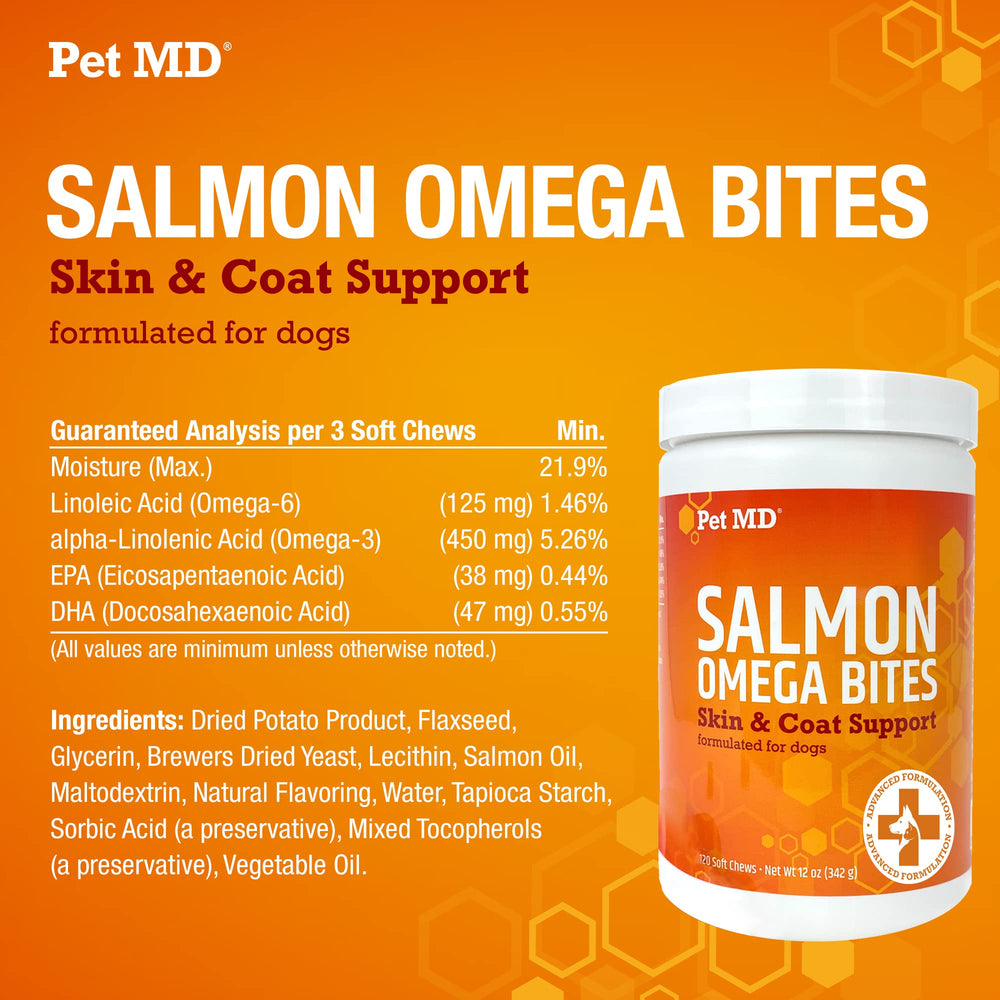 Pet MD Salmon Omega Bites manufactured in USA reflecting quality and safety standards