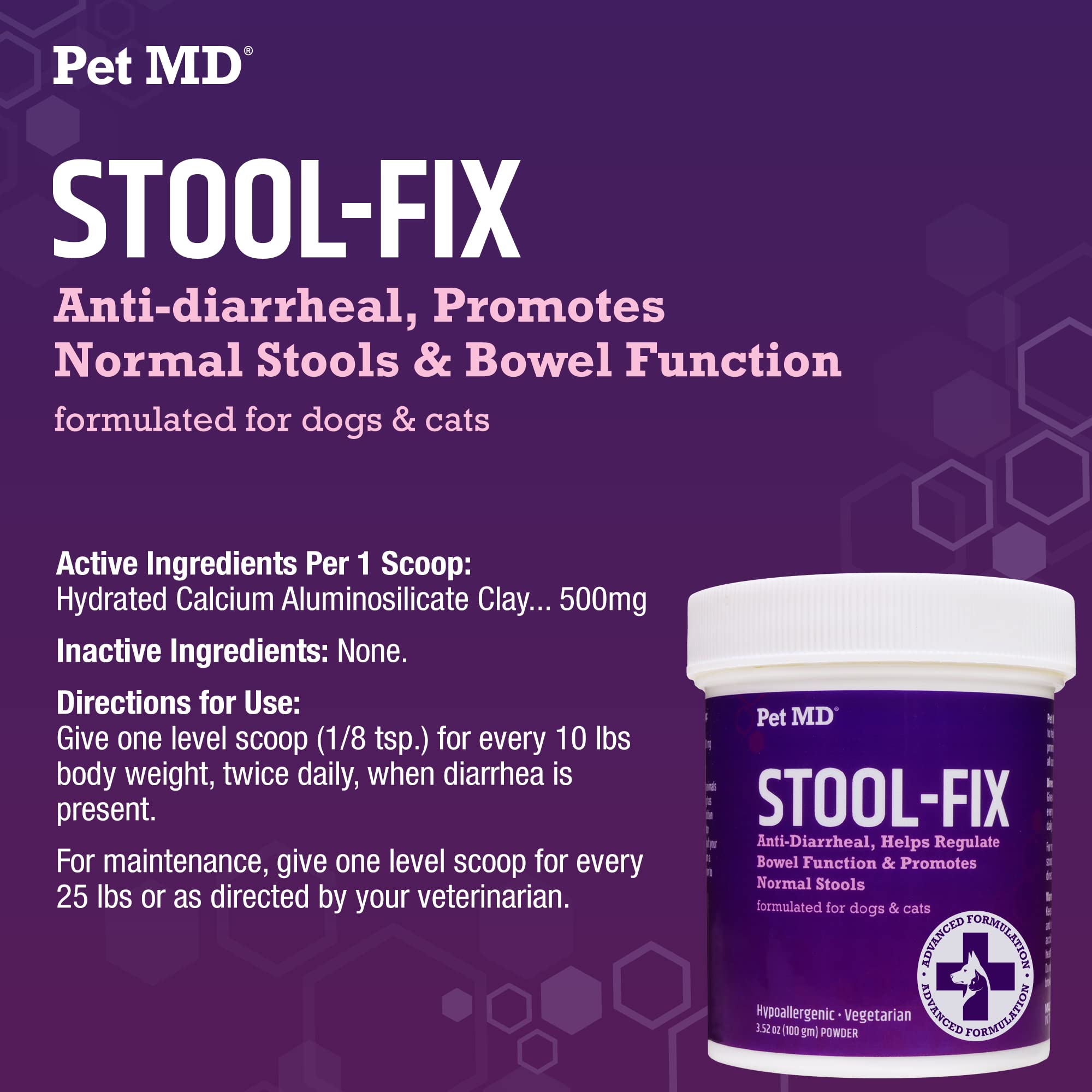 Pet MD Stool-Fix made-in-usa facility label emphasizes quality controls.