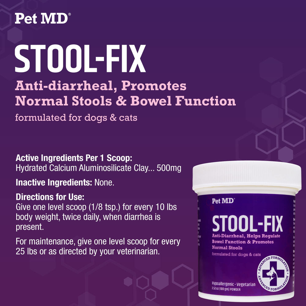 Pet MD Stool-Fix made-in-usa facility label emphasizes quality controls.