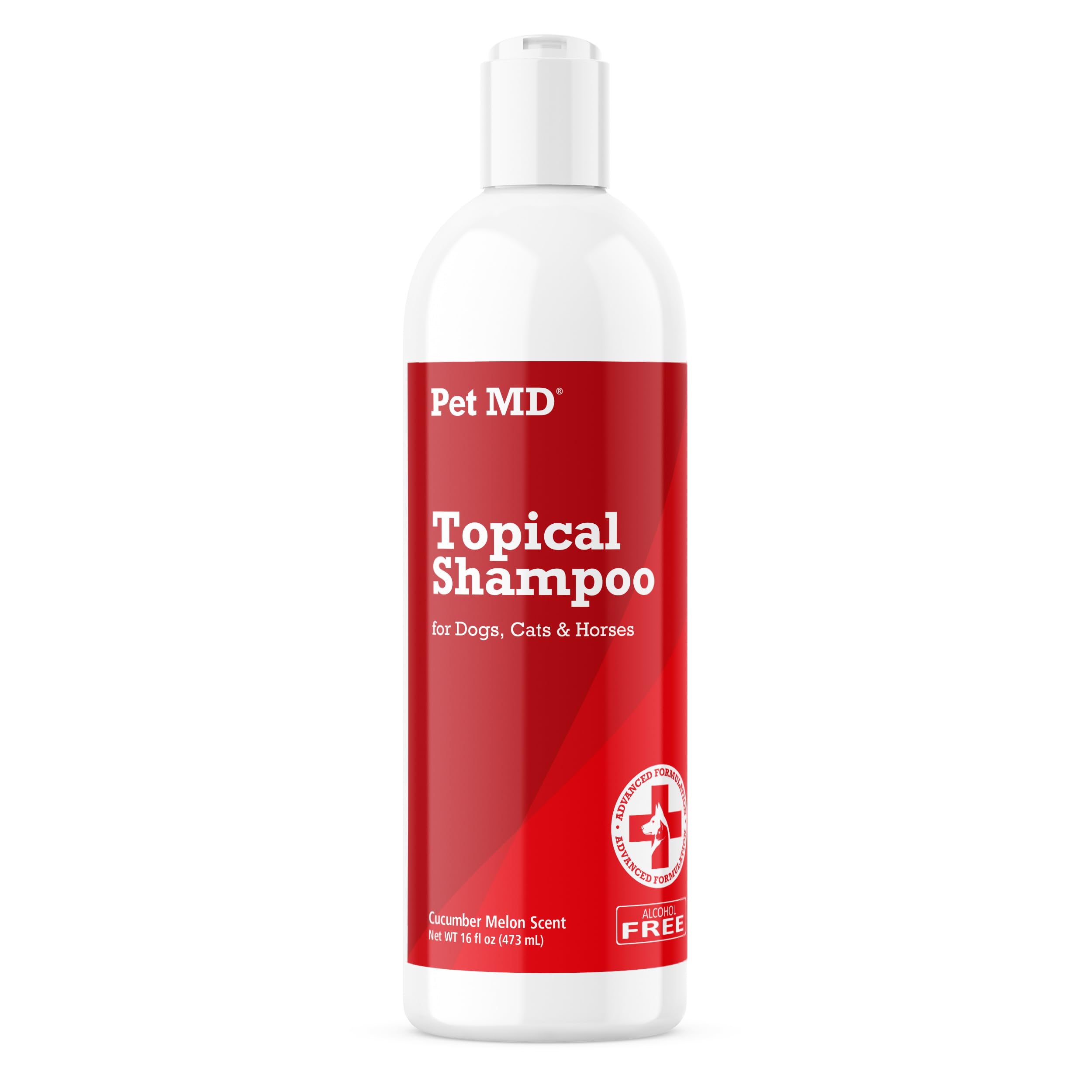 Pet MD Topical Shampoo bottle-application shows a gentle wash for multiple pets.