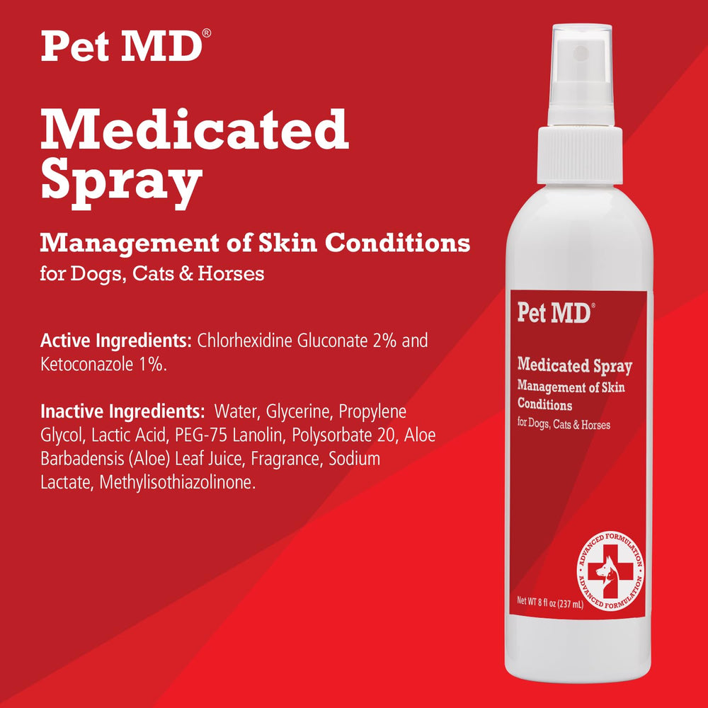 Pet MD Topical Spray dog application helps cleanse skin and coat without stinging.