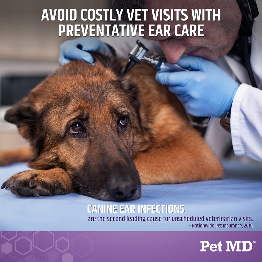 Pet MD Tris Flush dog ear cleaning application demonstrates gentle flush action for routine care.