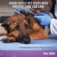 Pet MD Tris Flush dog ear cleaning application demonstrates gentle flush action for routine care.