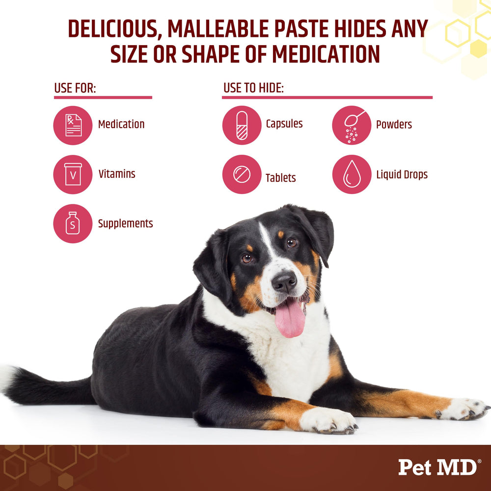 Pet MD Wrap-A-Pill apply-paste-wrap picture demonstrates quick pill pouch around pills.