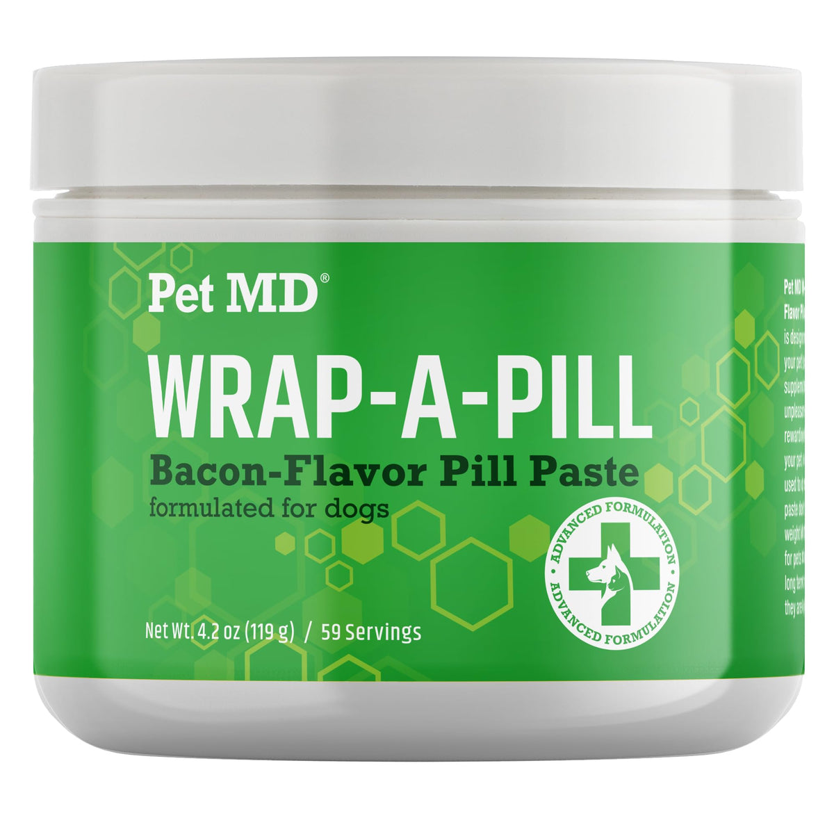 Pet MD Wrap A Pill Bacon Paste for Dogs bottle demonstrates easy-to-hide pill pockets.
