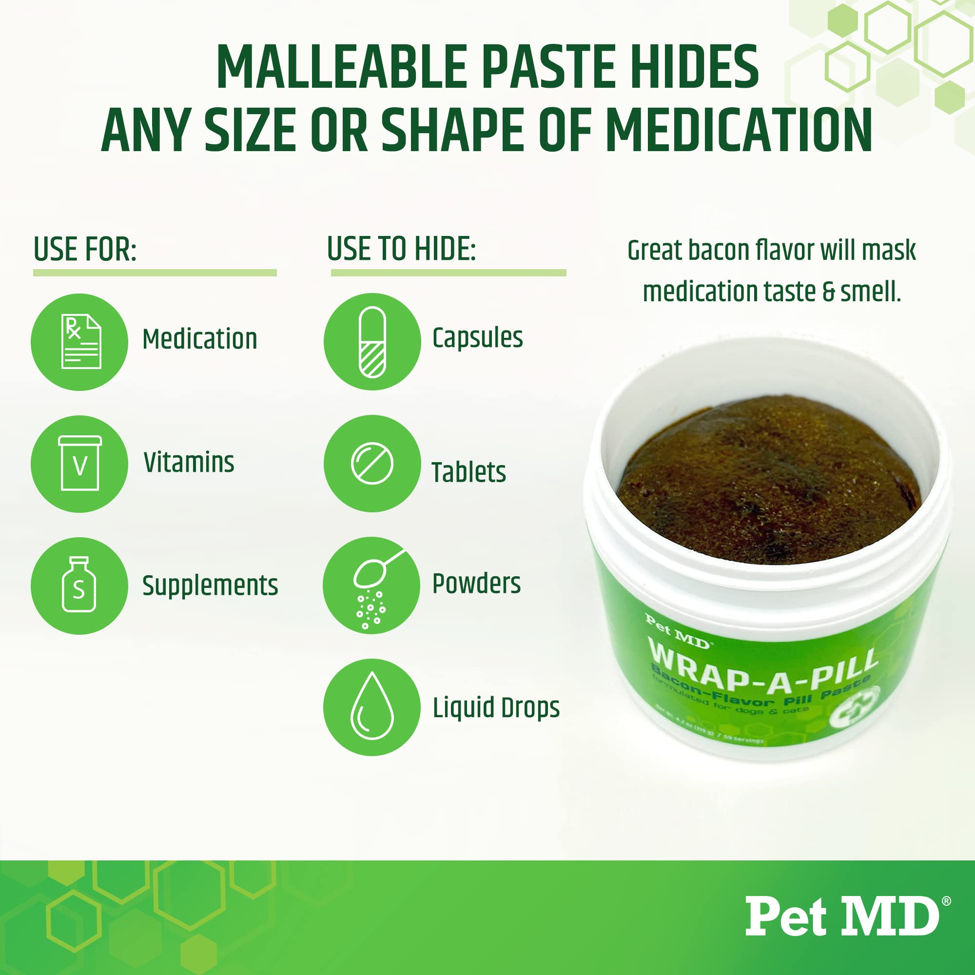 Pet MD Wrap A Pill Bacon Paste dogs portion pinched shows customizable pill pockets.