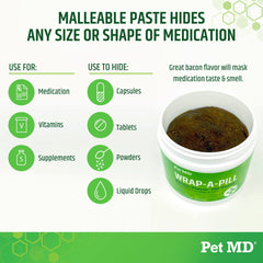 Pet MD Wrap A Pill Bacon Paste dogs portion pinched shows customizable pill pockets.