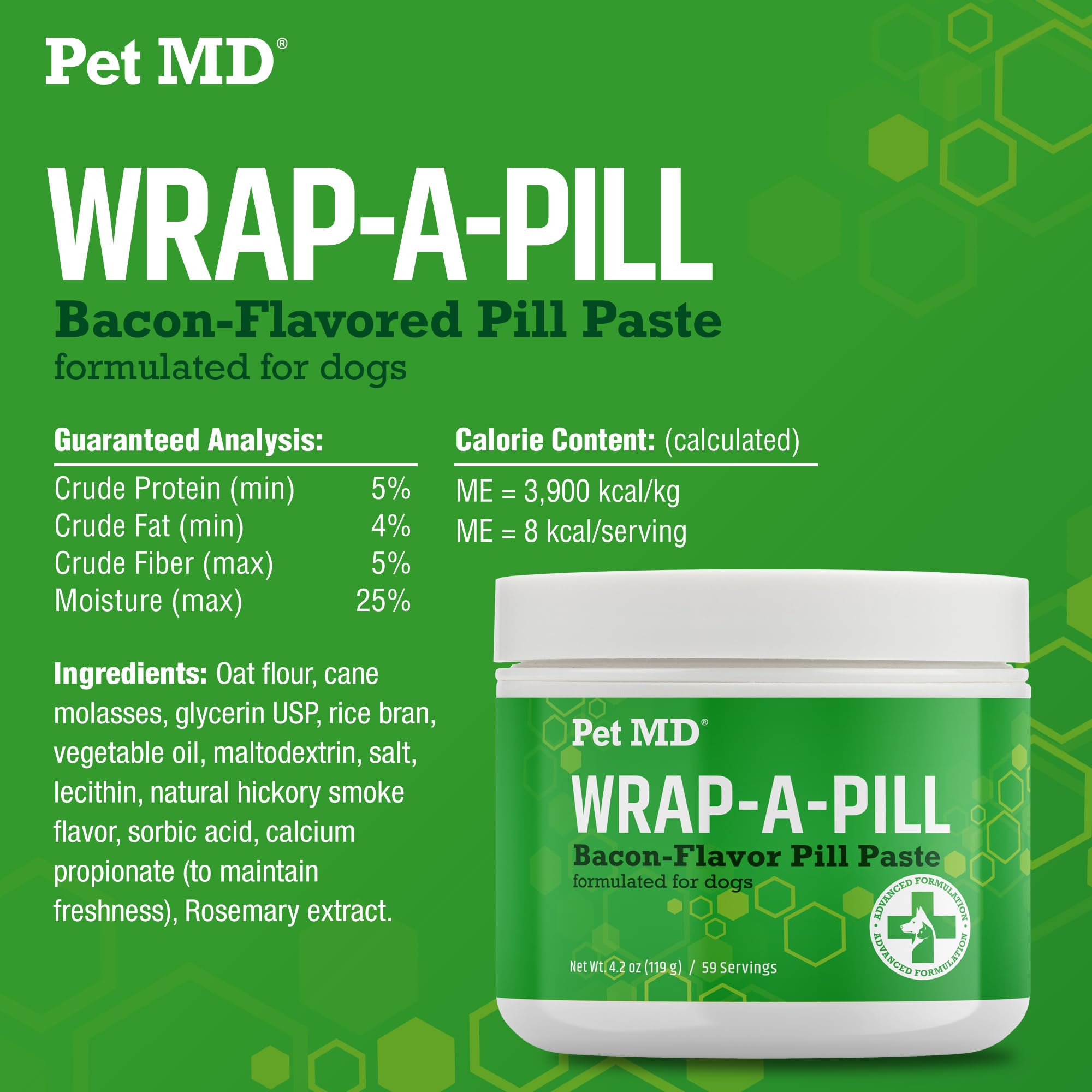 Pet MD Wrap A Pill Bacon Paste packaging front highlights 59 servings.