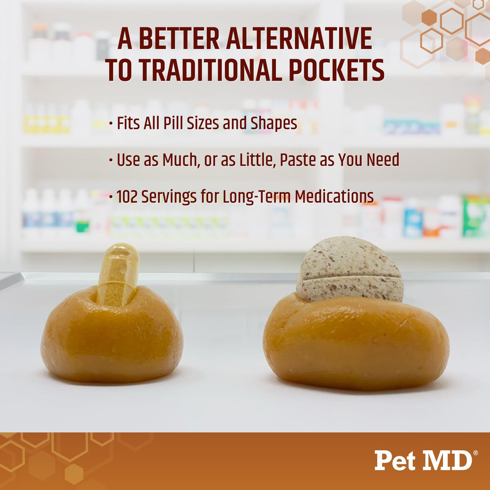 Pet MD Wrap A Pill peanut butter paste close-up texture highlights sticky, tasty consistency aiding pill concealment.