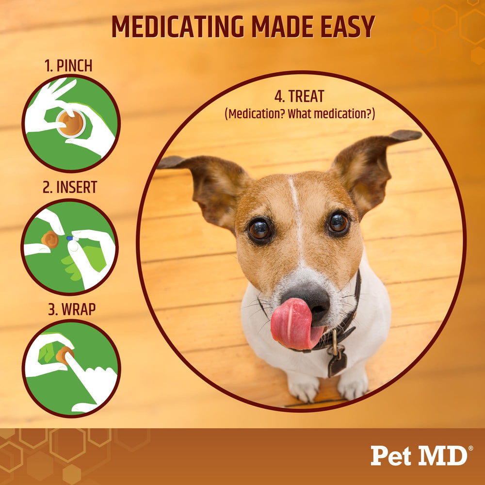 Pet MD Wrap A Pill peanut butter paste dog-accepting treat during medicating session.