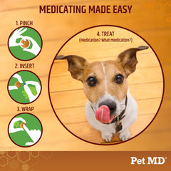 Pet MD Wrap A Pill peanut butter paste dog-accepting treat during medicating session.