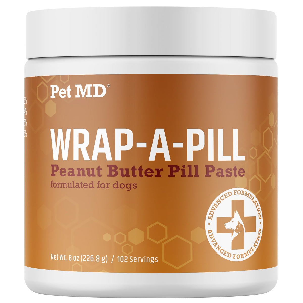 Pet MD Wrap A Pill peanut butter paste packaging ready to conceal meds for easy dog pill time.