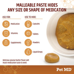 Pet MD Wrap A Pill peanut butter paste pinched portion shows customizable pill pouch for meds.