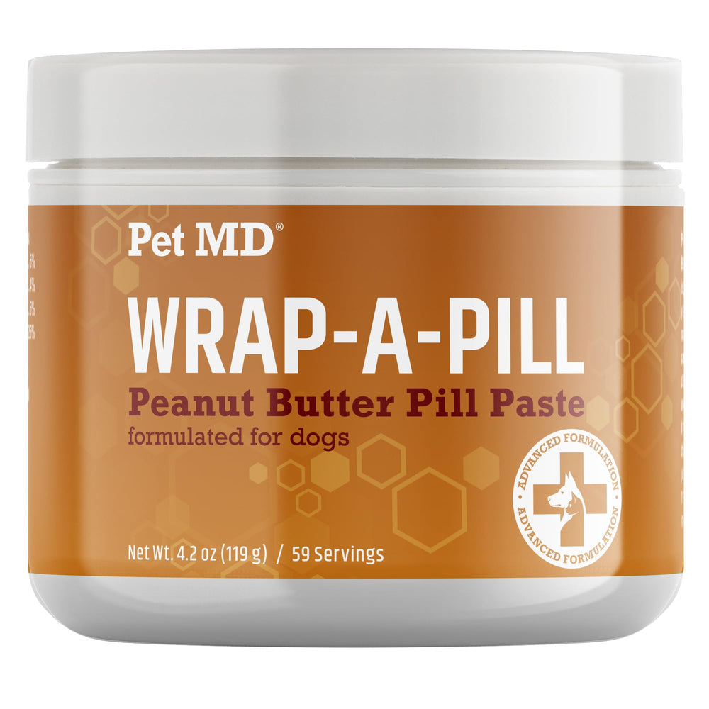 Pet MD Wrap A Pill pocket image shows peanut butter paste concealing pills for dogs
