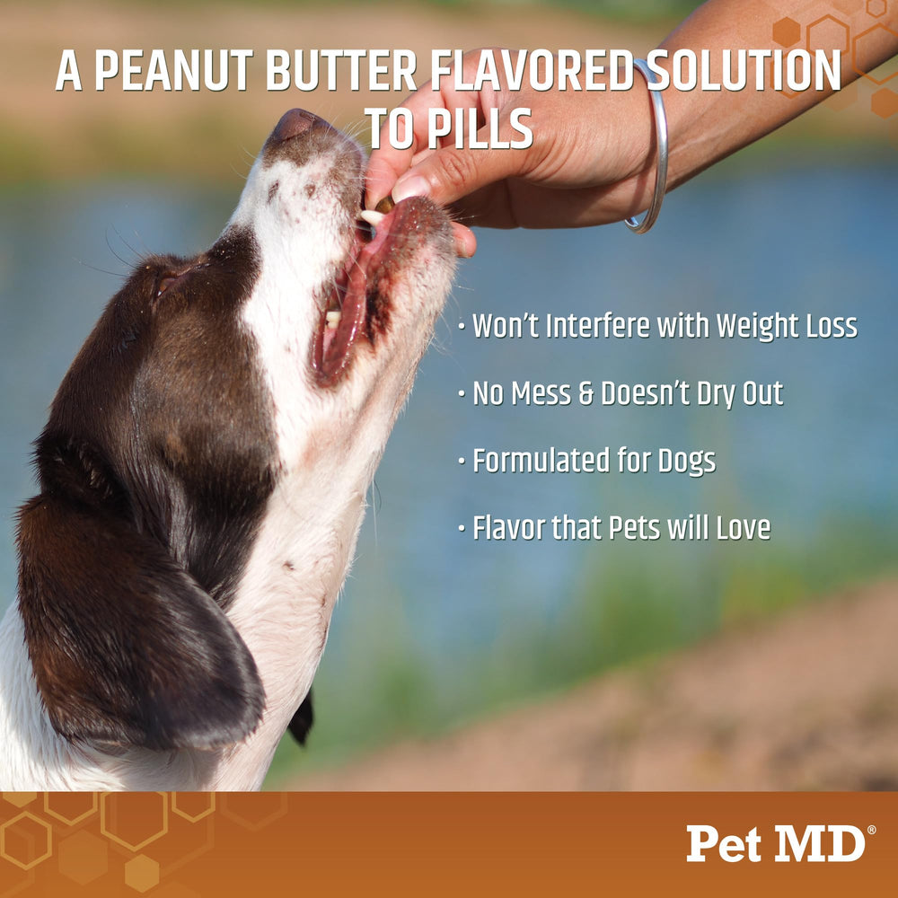 Pet MD Wrap A Pill serving scene indicating 59 servings and convenience