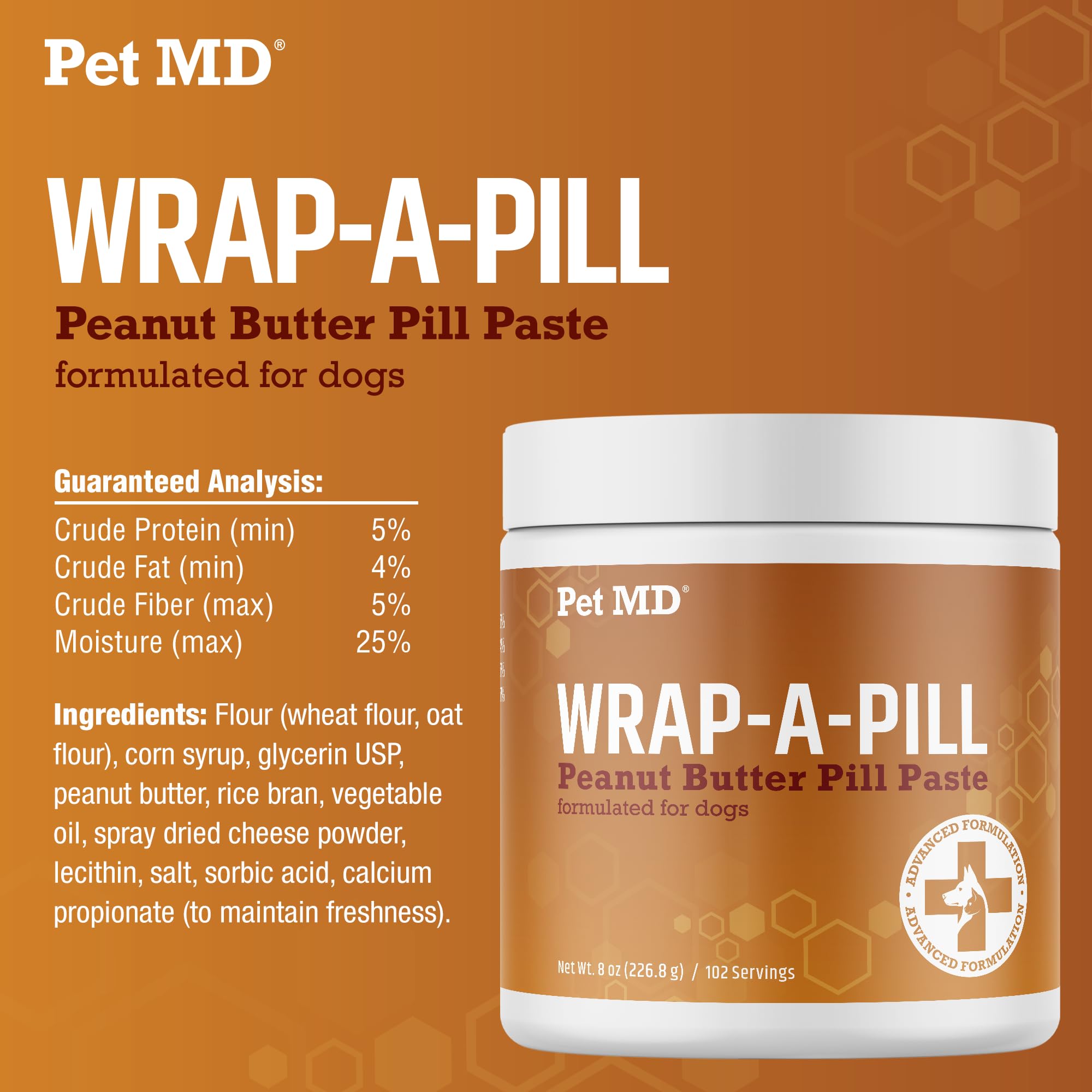 Pet MD Wrap A Pill peanut butter paste serving bowl shows how to prepare and offer meds.