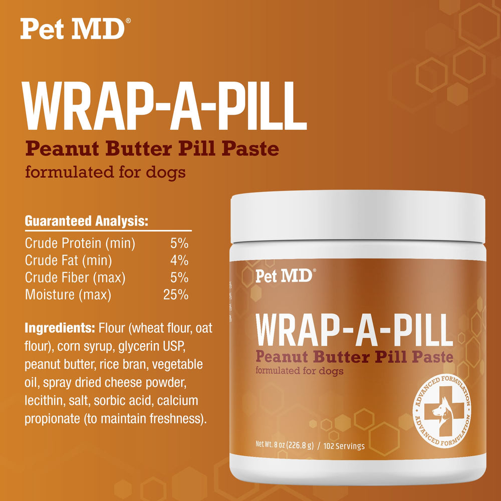 Pet MD Wrap A Pill peanut butter paste serving bowl shows how to prepare and offer meds.