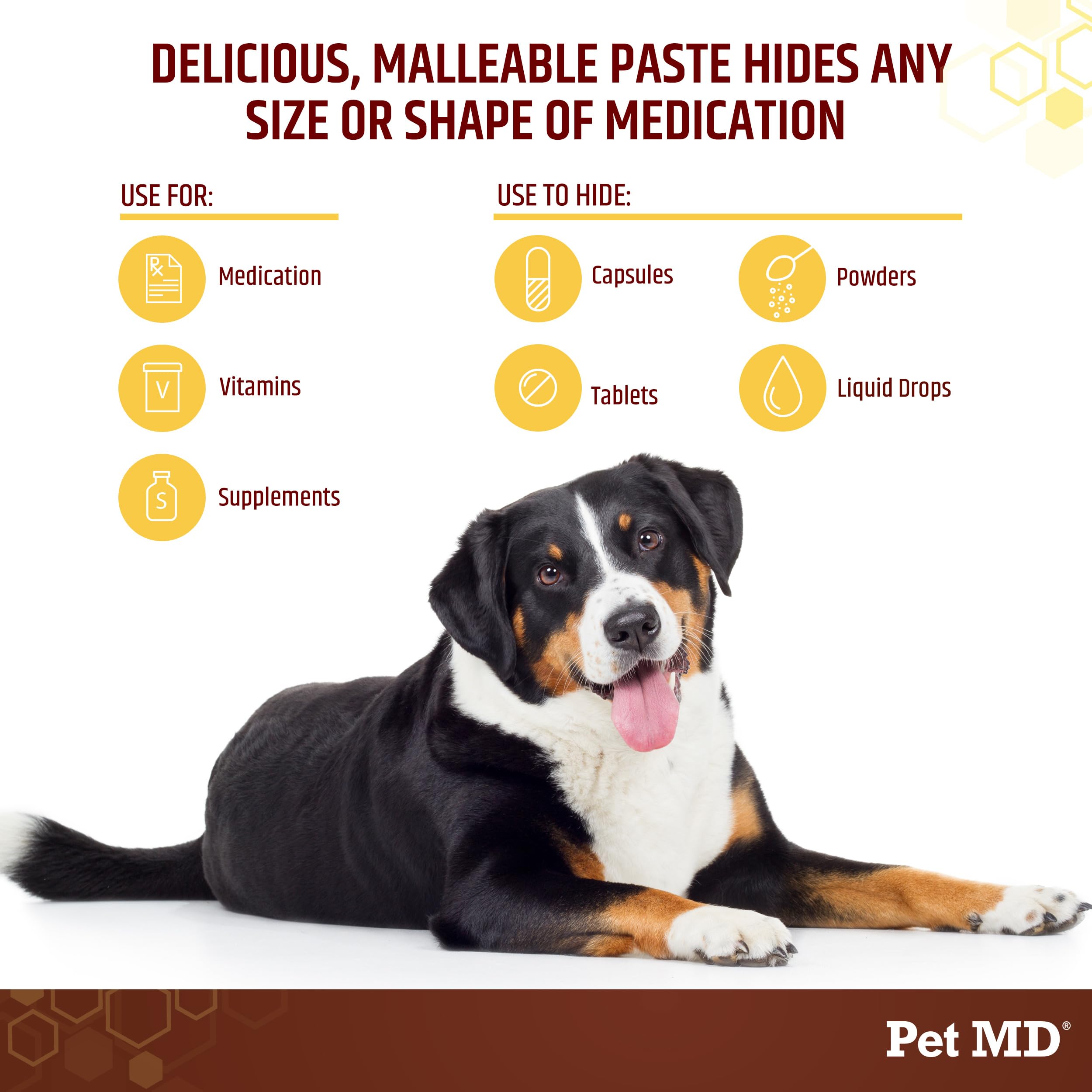 Pet MD Wrap-A-Pill wrap demonstrates pouch style around a pill for any size.