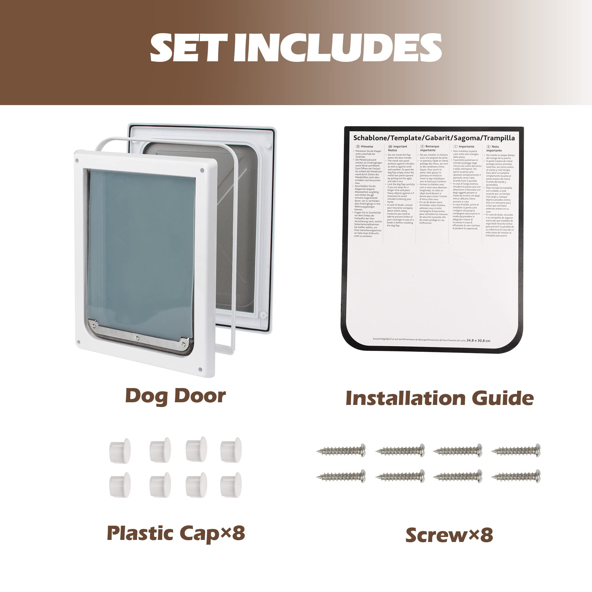 PET MOMENT Pet Flap Door installation guide illustrates quick setup with template.