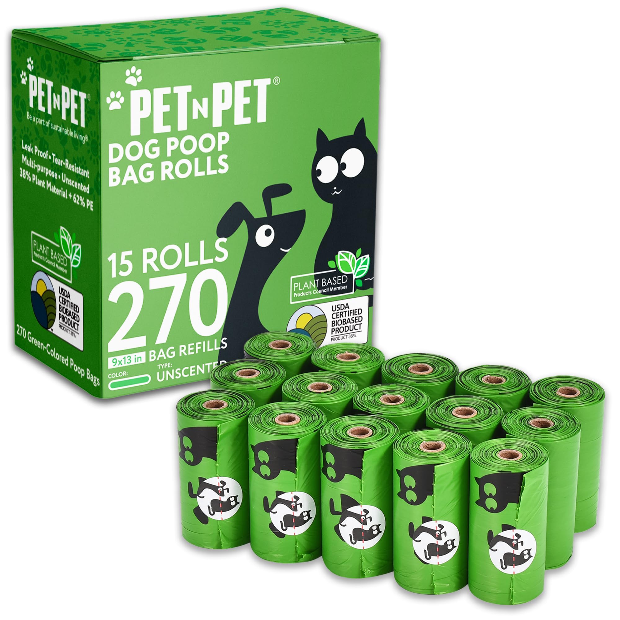 PET N PET green poop bags roll ready for quick cleanups on walks.
