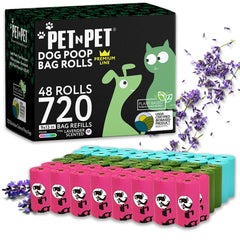 PET N PET lavender scented poop bags front pack for fresher outdoor walks.