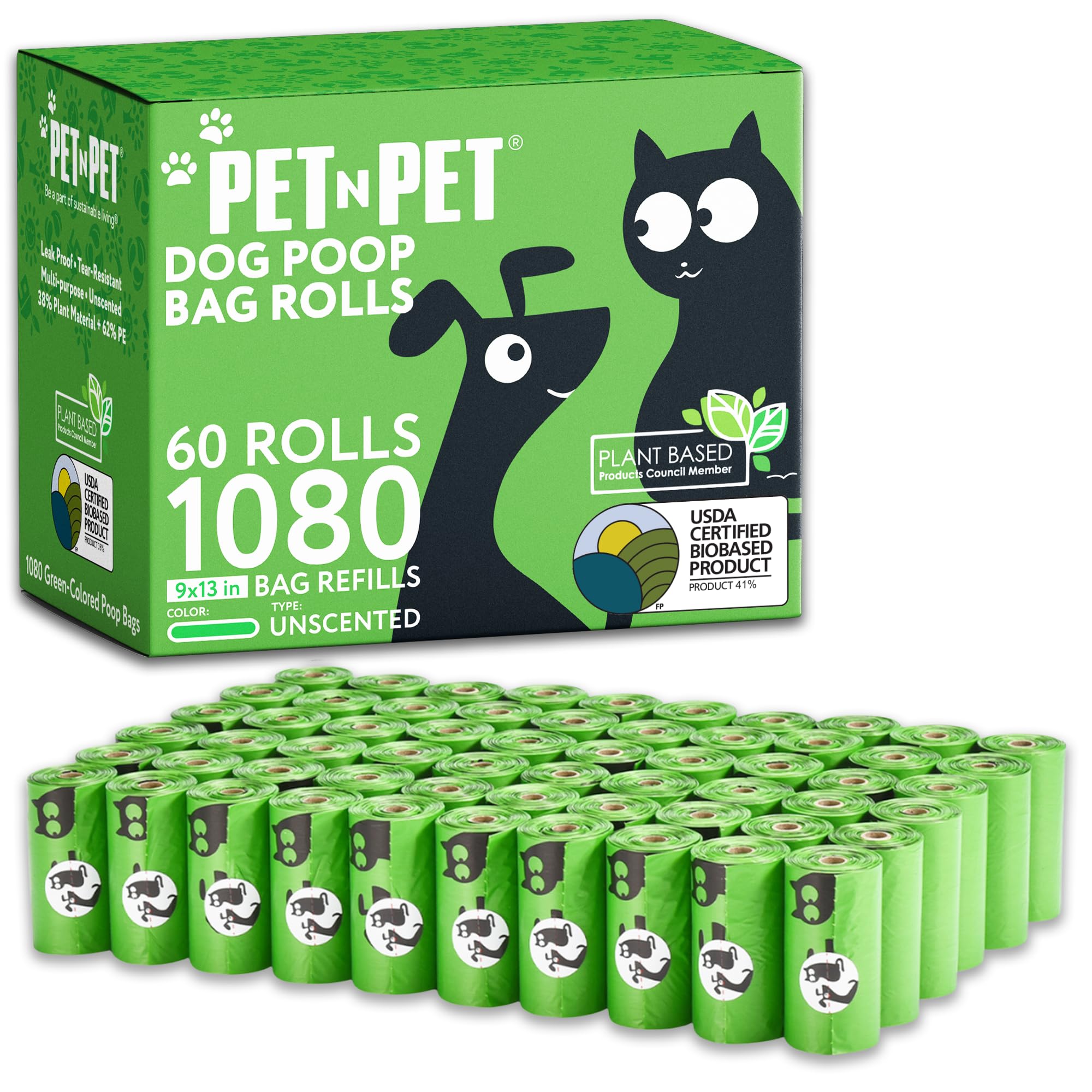PET N PET plant-based poop bag roll fits standard dispensers for daily walks.