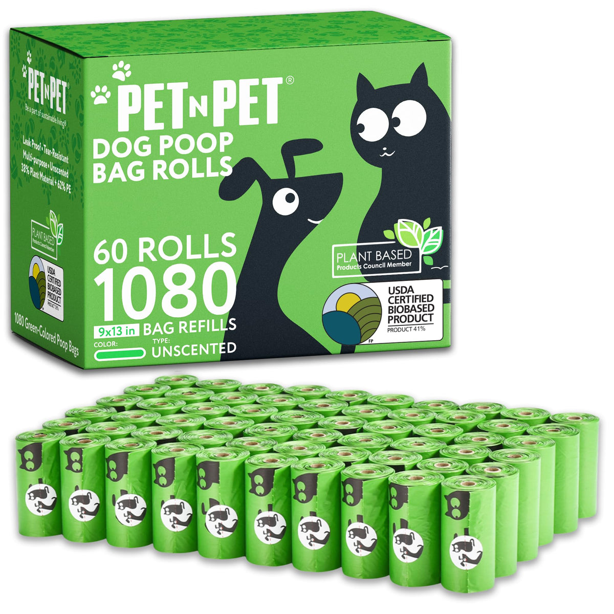 PET N PET plant-based poop bag roll fits standard dispensers for daily walks.