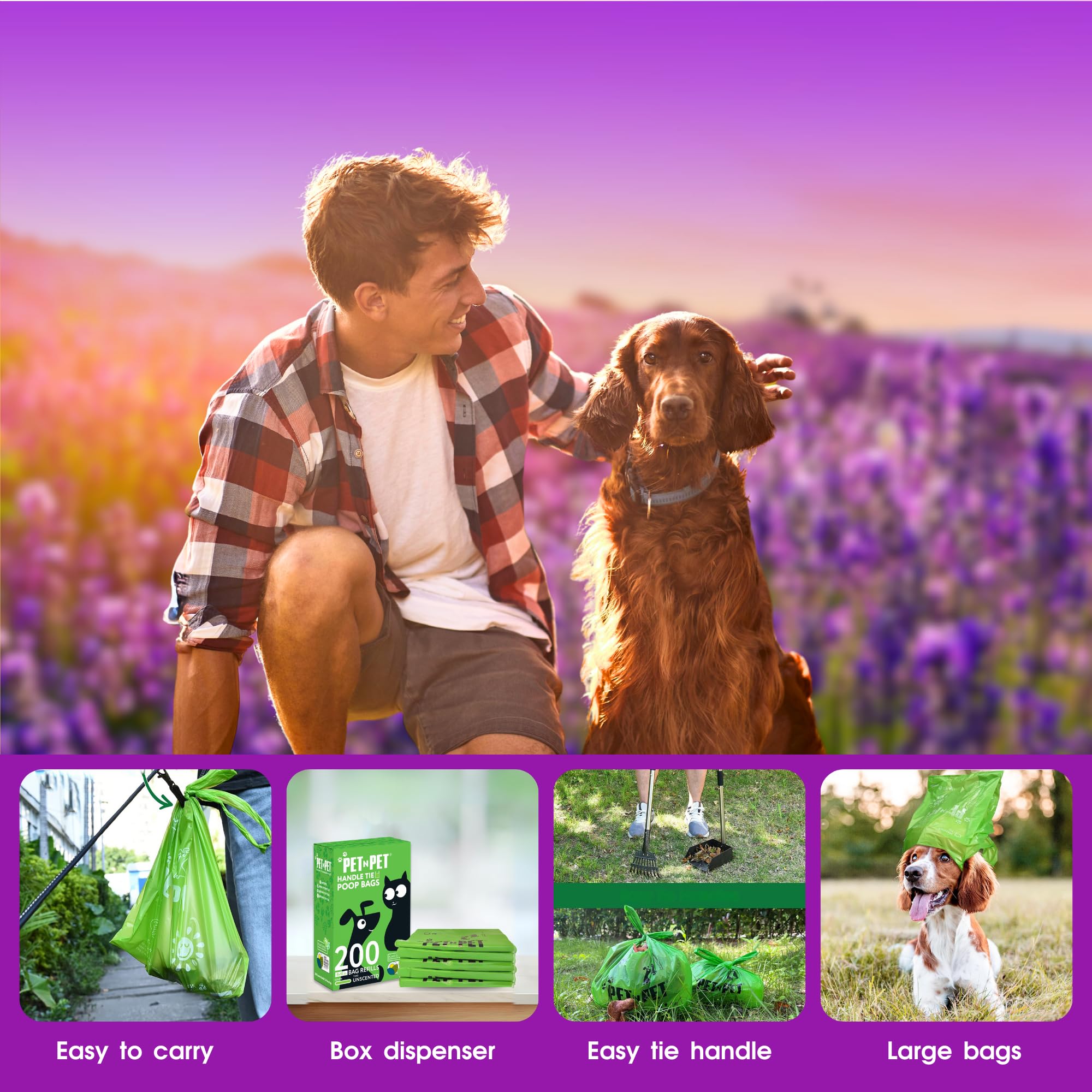 PET N PET 200-count lavender bags on display for outdoor cleanup value